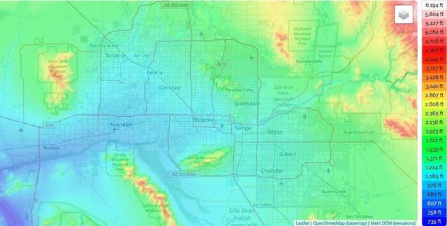 Mapa de elevação de Phoenix