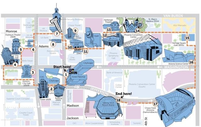 Mapa de passeios a pé de Phoenix